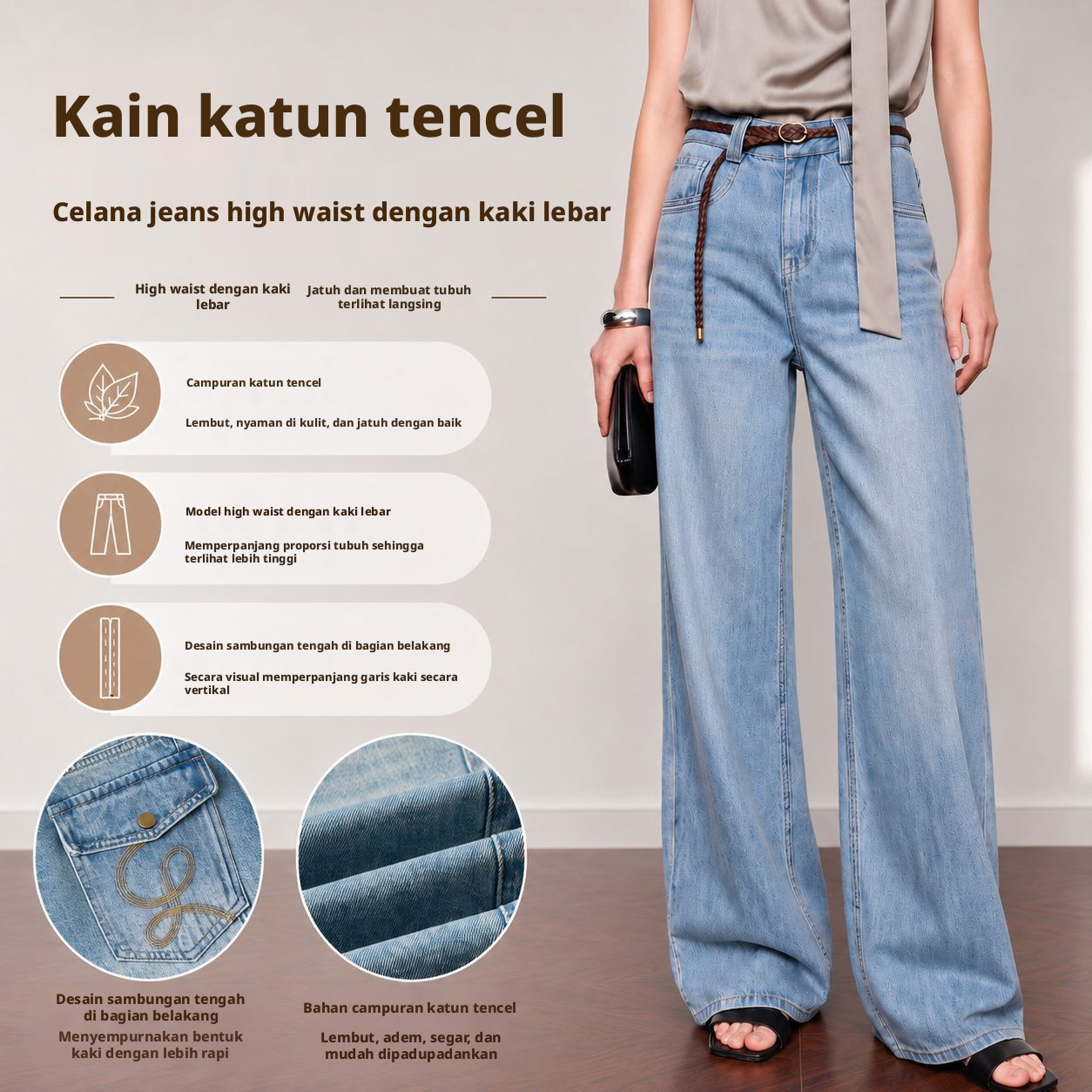 YUNCHANG Celana Jeans Wanita Pinggang Tinggi Kaki Lebar dengan Sulaman Vintage, Bahan Tencel Lyocell Kapas Denim Biru