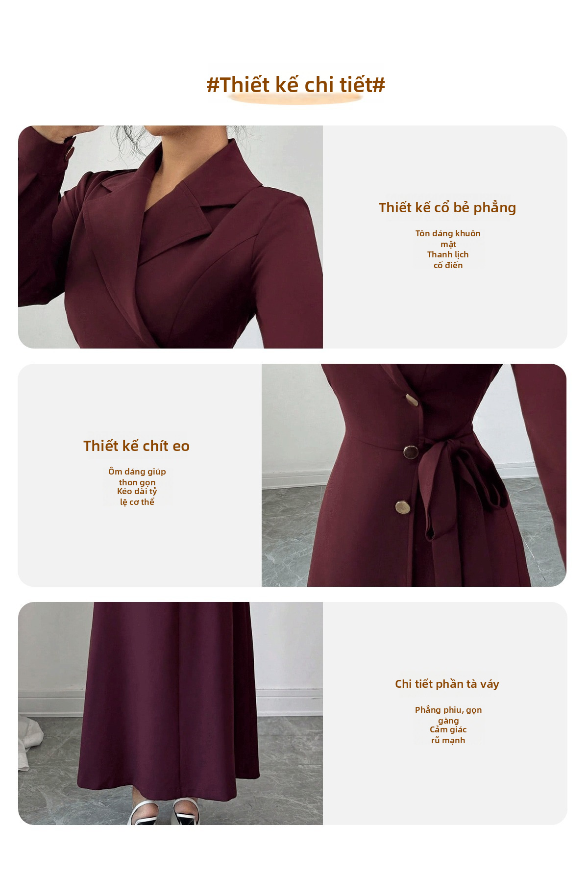 Váy midi tay dài cho nữ có cổ áo blazer và thắt lưng, chất liệu polyester trơn, phù hợp mặc đi làm.