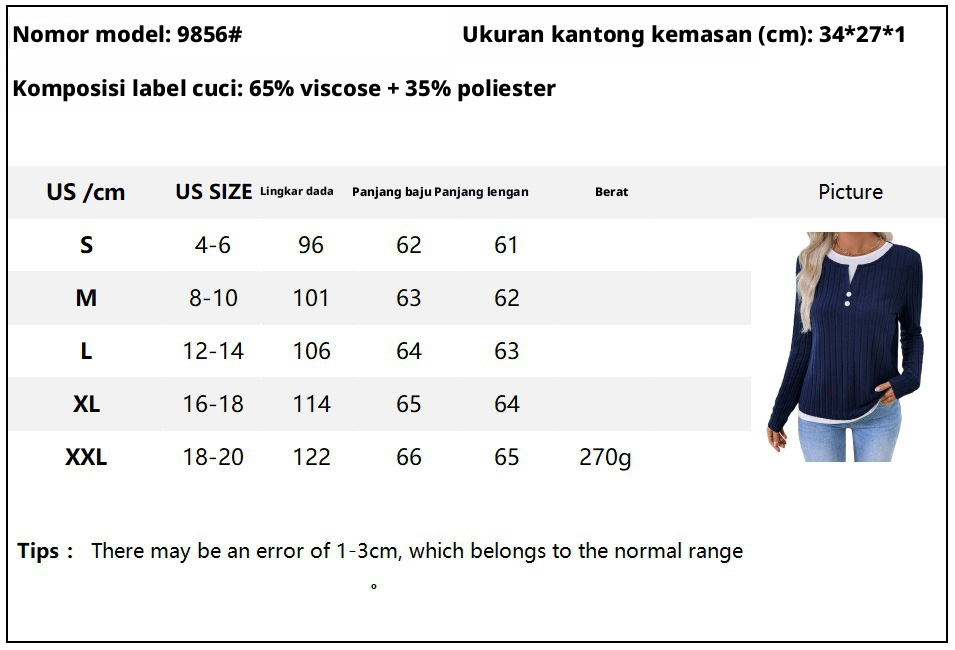Kemeja T Wanita Berlengan Panjang, Model Dua Potong, Kerah Regang, Berbutir, Buatan Rajut
