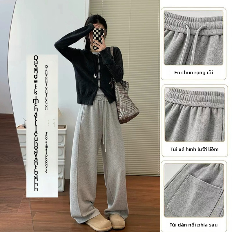 Quần ống rộng lót len dành cho phụ nữ, eo cao, kiểu dệt lỏng, quần thể thao phù hợp mùa thu đông