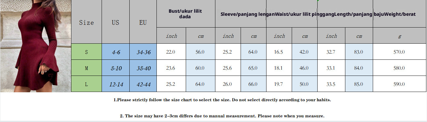 Dress rajutan lengan panjang gaya A-line untuk wanita, rekaan slim fit dengan leher tinggi berwarna solid, sesuai untuk dipakai ke pejabat atau berulang-alik di bandar.