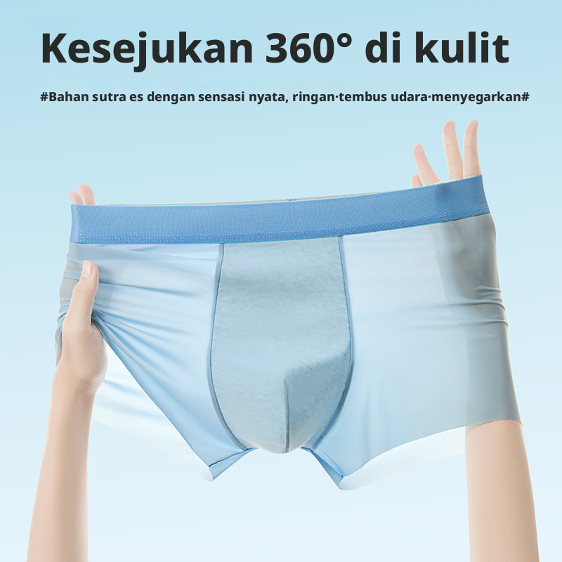 Celana Boxer Sutra Es Pria, Pakaian Dalam Bernapas Menengah dengan Selangkangan Katun, Yiwu Cina