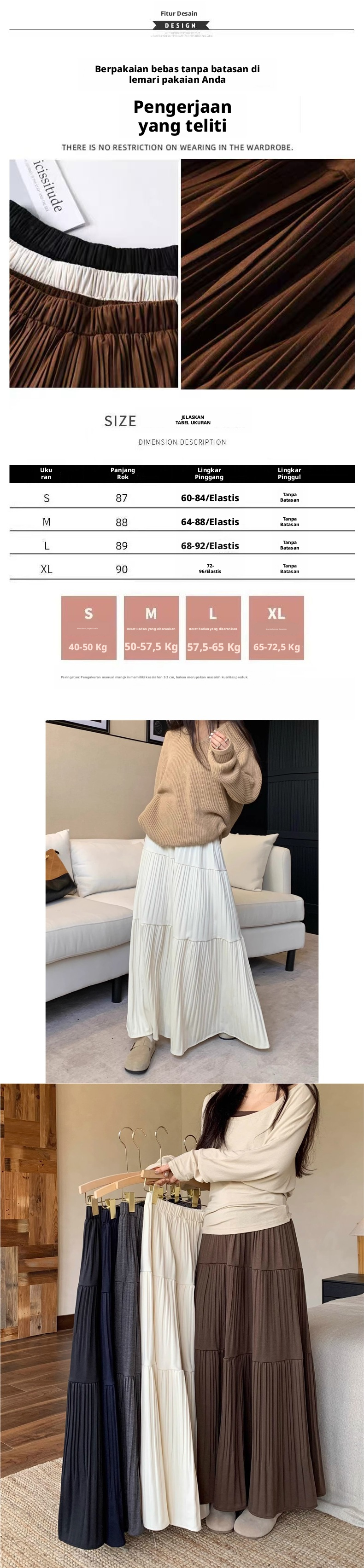 Rok maxi plisket pinggang tinggi untuk wanita, rok panjang berdesain H-line yang flowy dan dihias sulaman, cocok untuk kegiatan kasual.