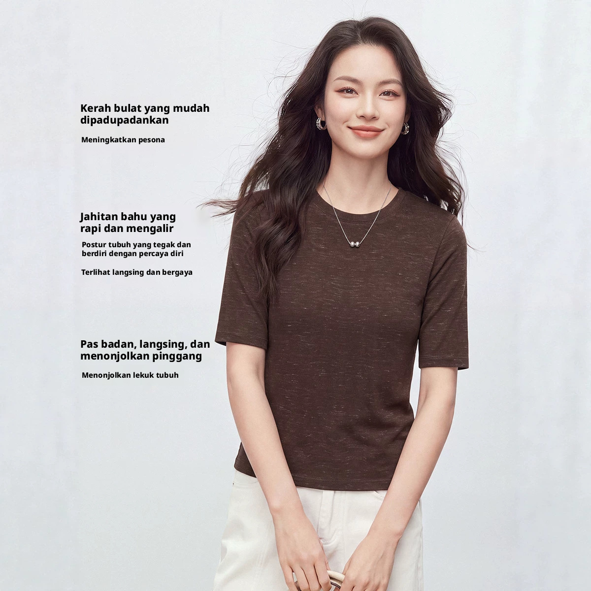 Kaos lengan setengah dari bahan campuran lyocell dan wol untuk wanita, desain slim fit dengan kerah crew, warna solid, cocok untuk perjalanan sehari-hari dan pemakaian sehari-hari.