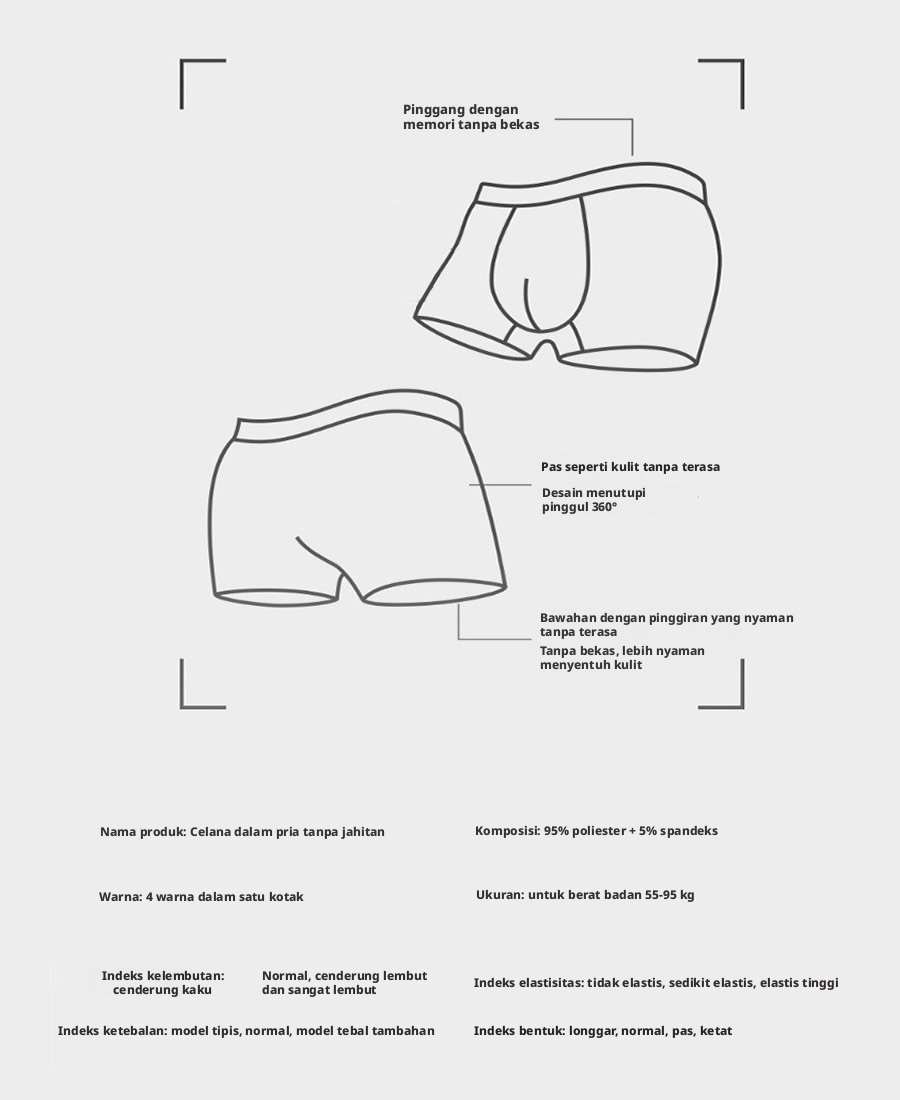 Celana Boxer Mulus Pria, Pakaian Dalam Olahraga Bernapas Mid Rise Elastis Tinggi, Kotak 4 Paket