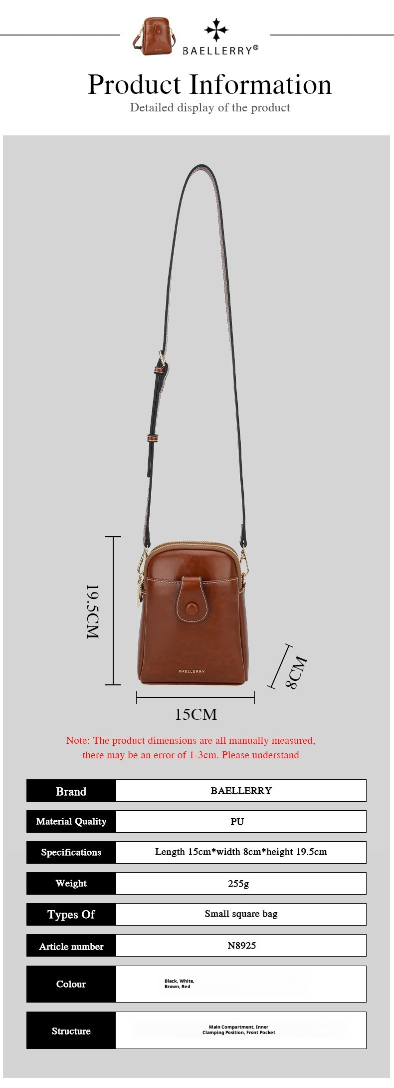 Baellerry Mini Women’s Crossbody Phone Bag, PU Leather Small Square Shoulder Bag with Double Zipper