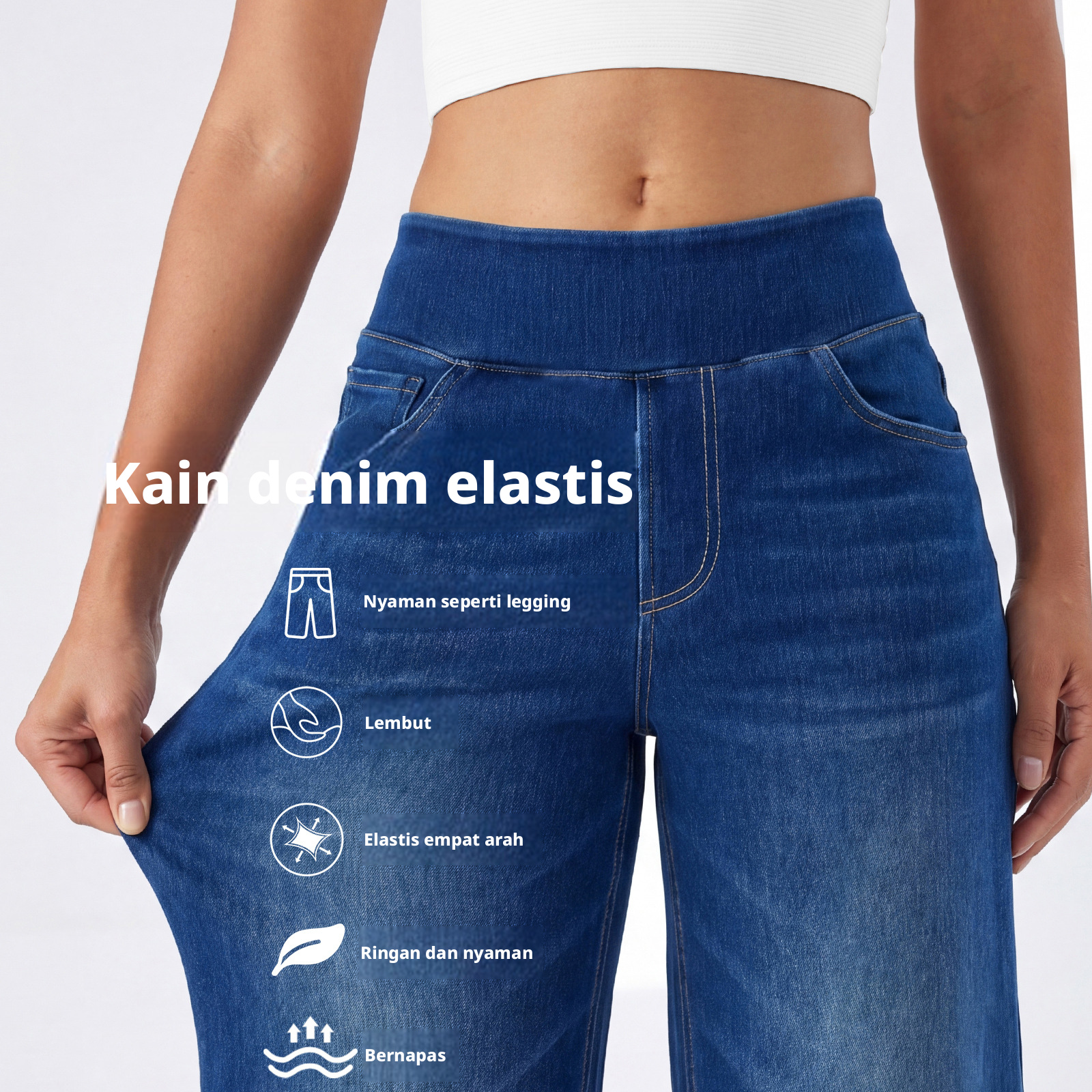 Jeans Wanita Pinggang Tinggi Kaki Lebar, Celana Denim Rata yang Dicuci dan Elastis, Potongan Longgar