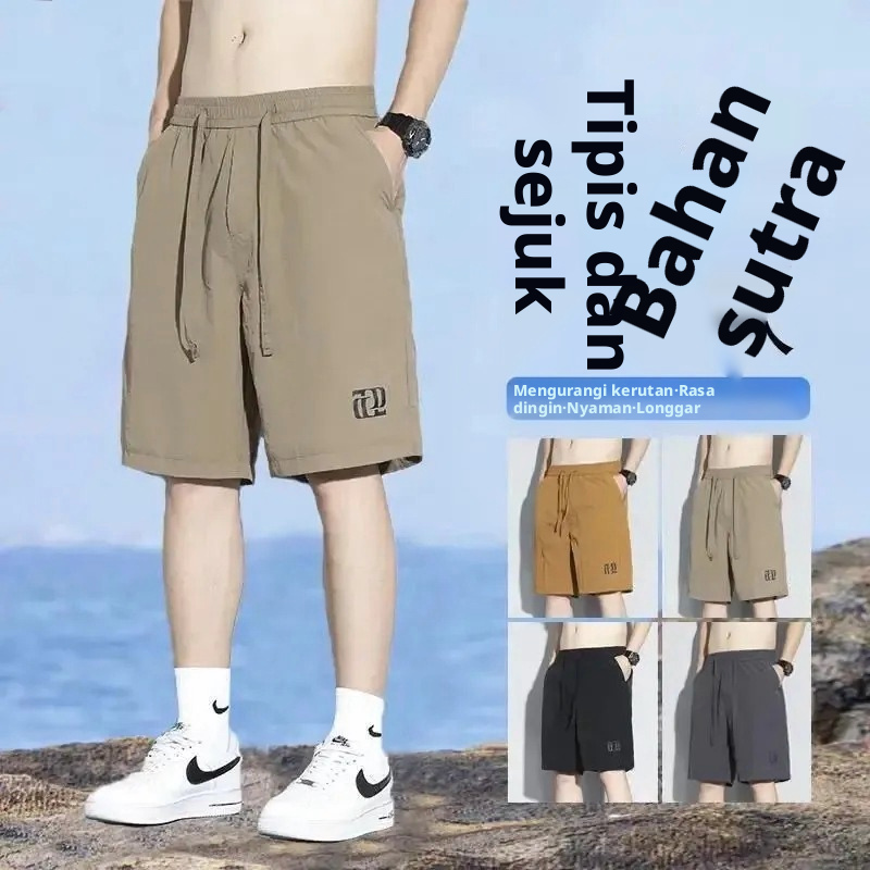 Celana Pendek Lima Inci Musim Panas Pria, Celana Pendek Pantai Kasual Polyester Peregangan Tinggi Bernapas