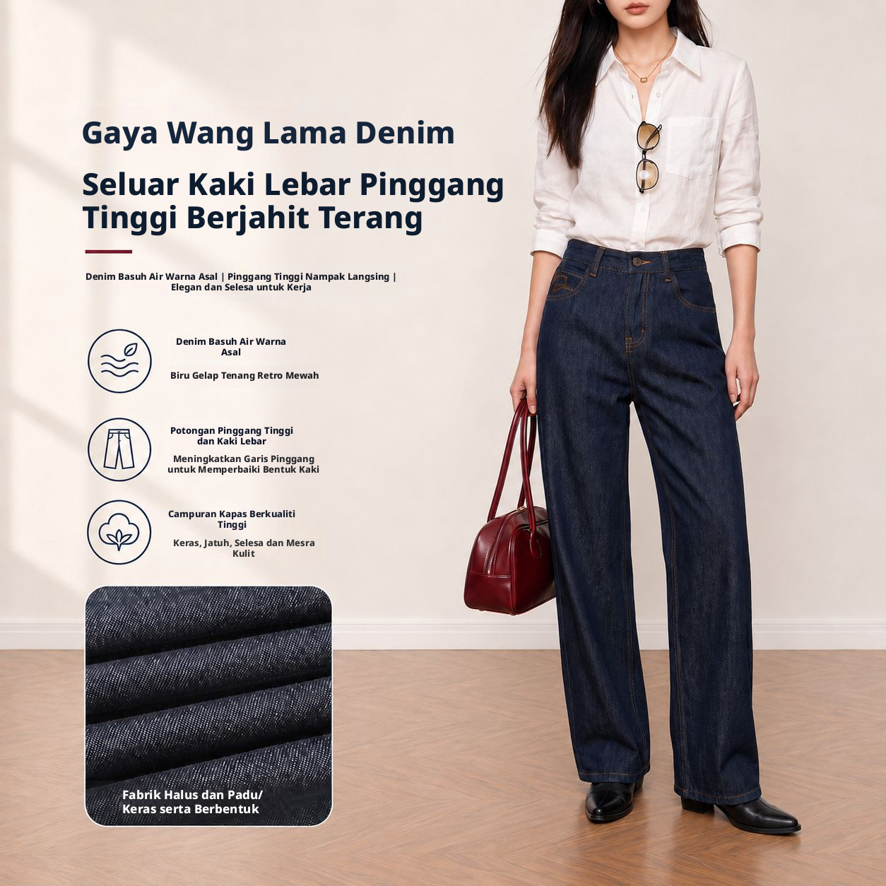 Seluar Denim Pinggang Tinggi Kaki Lebar untuk Wanita Yuxene, Seluar Denim Asli untuk Perjalanan Harian KN006
