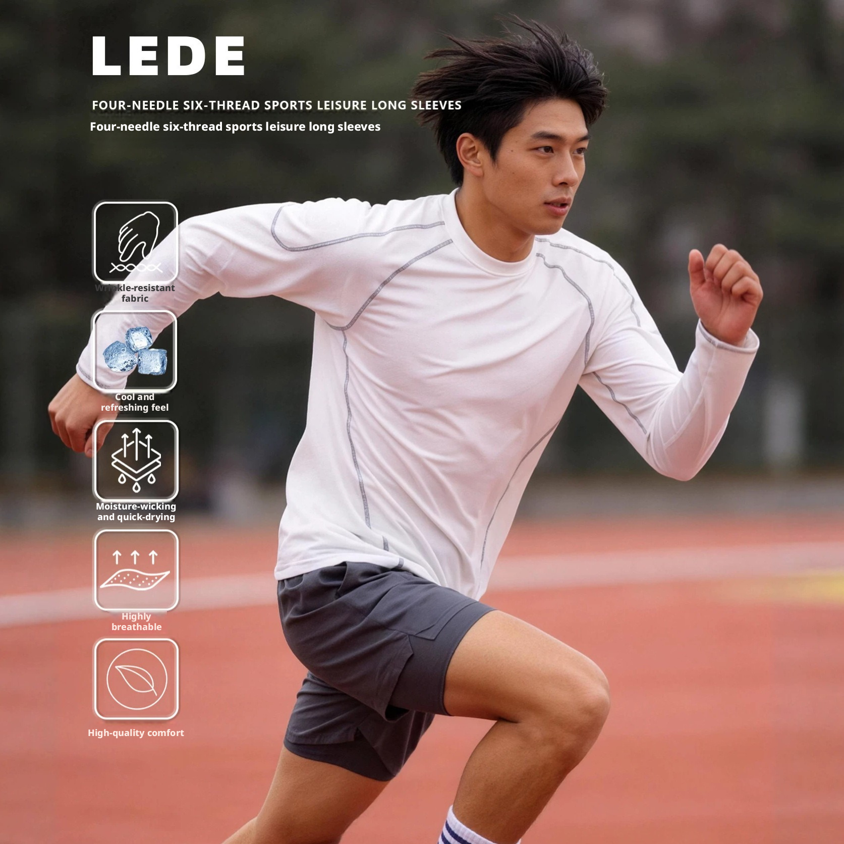 Men's Long Sleeve Athletic T-Shirt, Polyester Crew Neck Quick Dry Breathable Top for Outdoor Training and Casual Wear