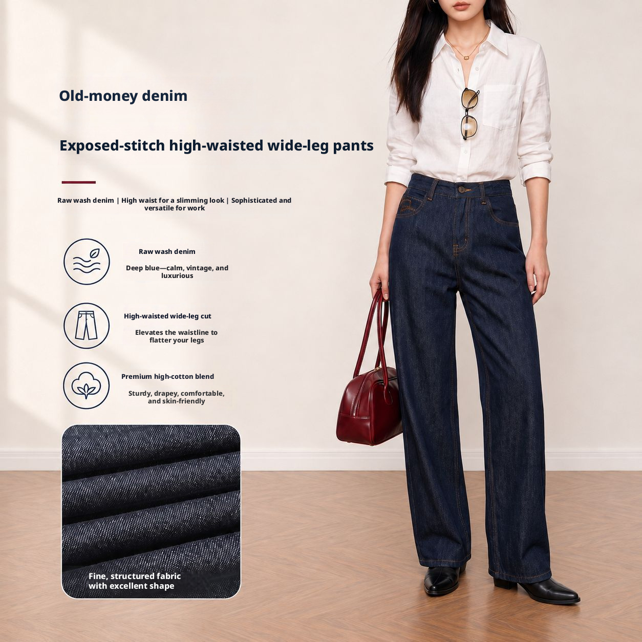 Yuxene High Waist Wide Leg Denim Pants for Women, Raw Denim Commute Trousers KN006