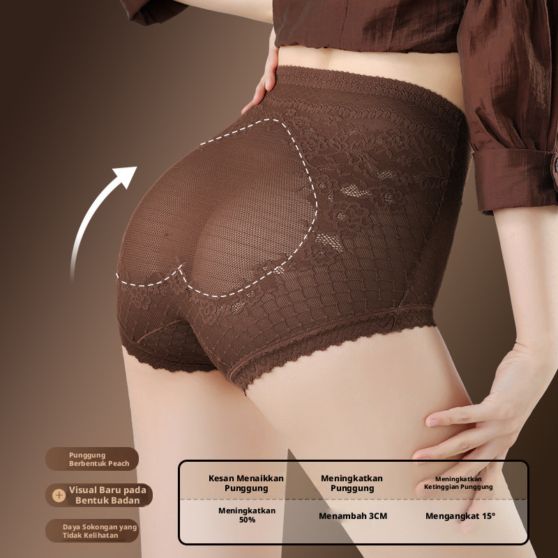 Seluar dalam wanita pinggang tinggi berrenda Perancis yang membentuk bentuk badan, dilengkapi lapisan kapas, kawalan perut dan fungsi angkat pinggul.