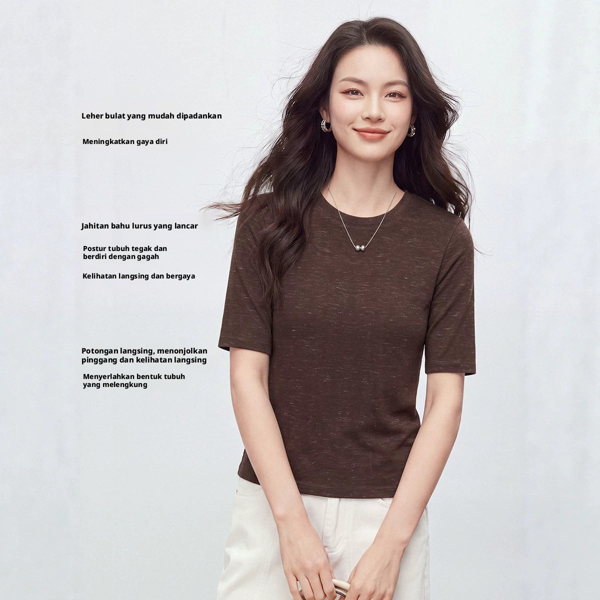 Baju T-shirt Wanita Campuran Lyocell dan Bulu dengan Lengan Separuh, Rekaan Slim Fit, Kolar Crew, Warna Seragam untuk Perjalanan Harian dan Pakaian Seharian