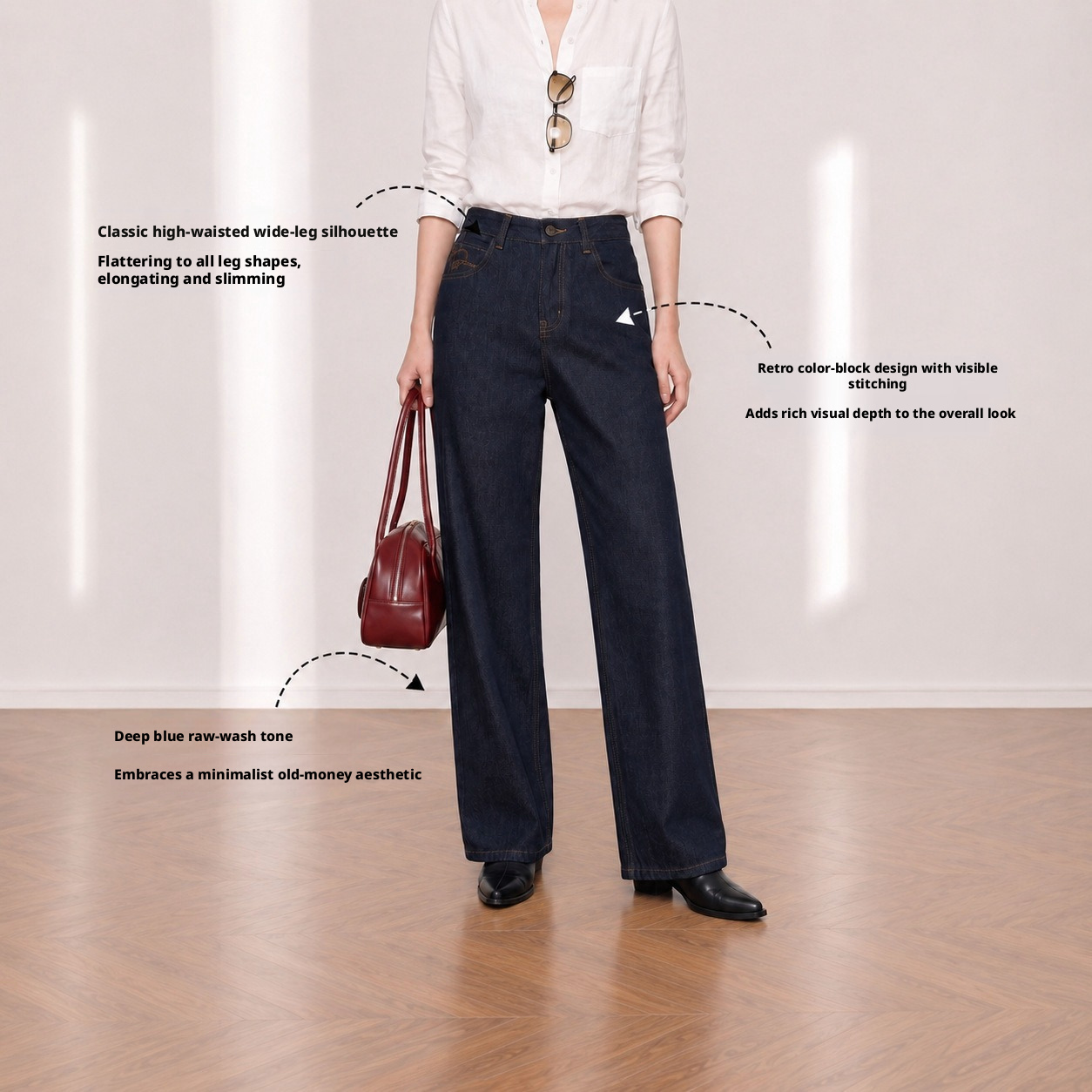 Yuxene High Waist Wide Leg Denim Pants for Women, Raw Denim Commute Trousers KN006