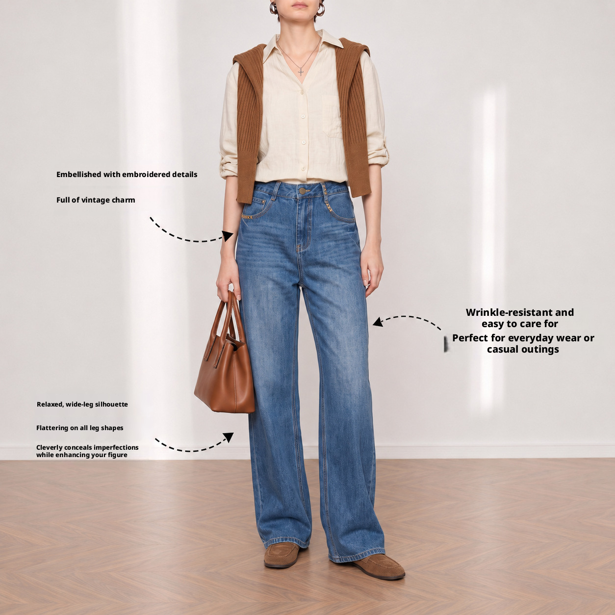 Yuxene Women's High Waist Wide Leg Jeans with Gold Embroidery, Lyocell Blend Retro Blue Denim Pants