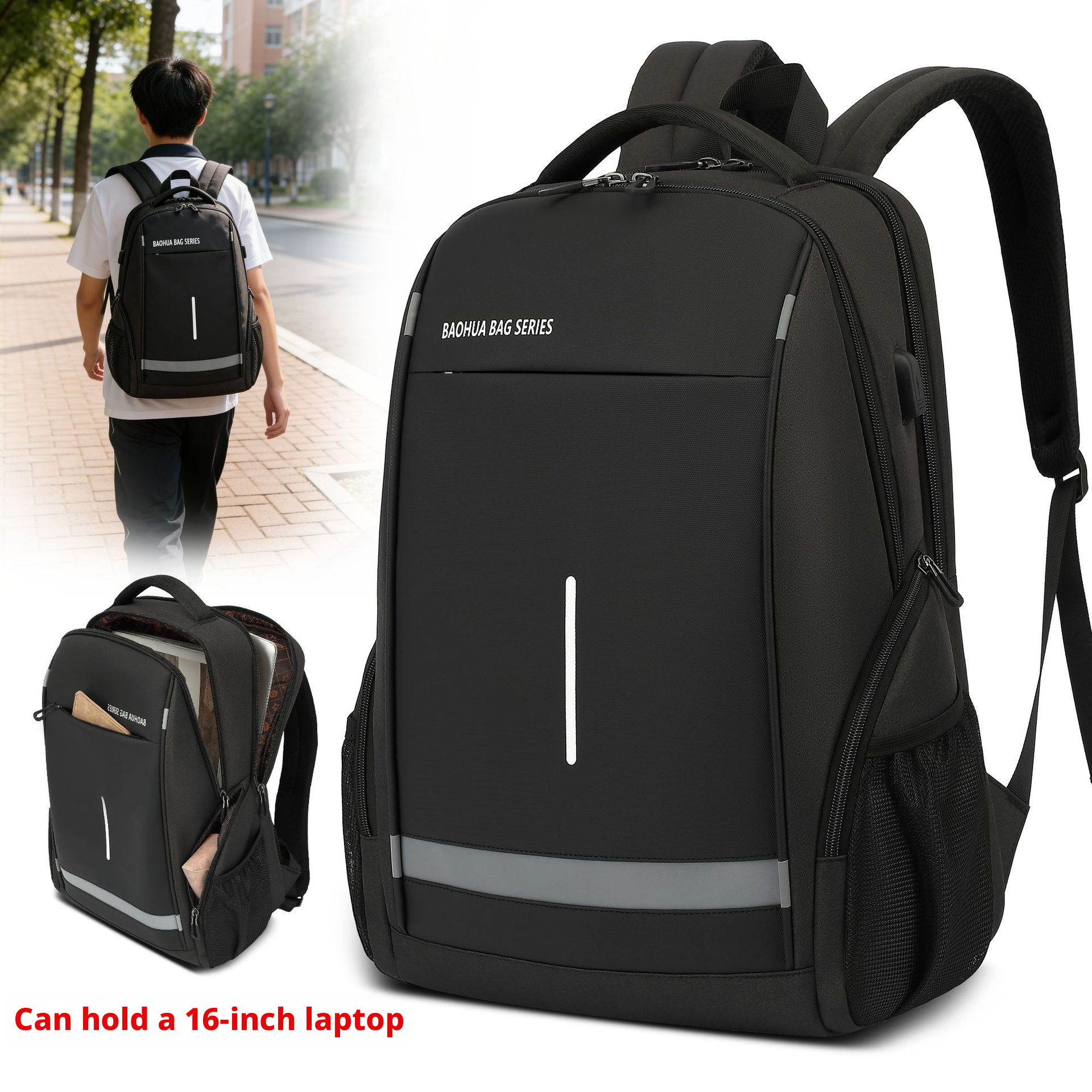 Men’s Black Oxford Cloth Backpack, 16-inch Laptop Business Commuter Bag, Water-Resistant Large Capacity Daypack