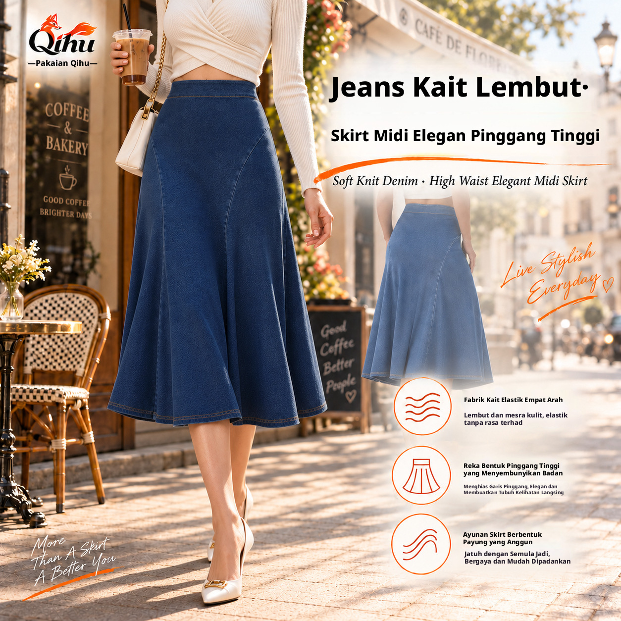 Skirt Midi A-Line Jeans Stretch Lembut untuk Wanita, Skirt Kasual Pinggang Tinggi untuk Perjalanan dan Pemakaian Harian