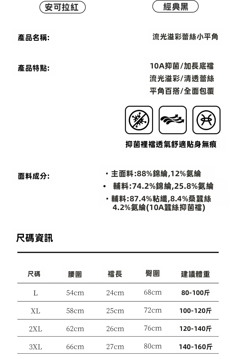 女性蕾絲安全短褲，採絲質內襯設計，具有抗菌功能且無縫製