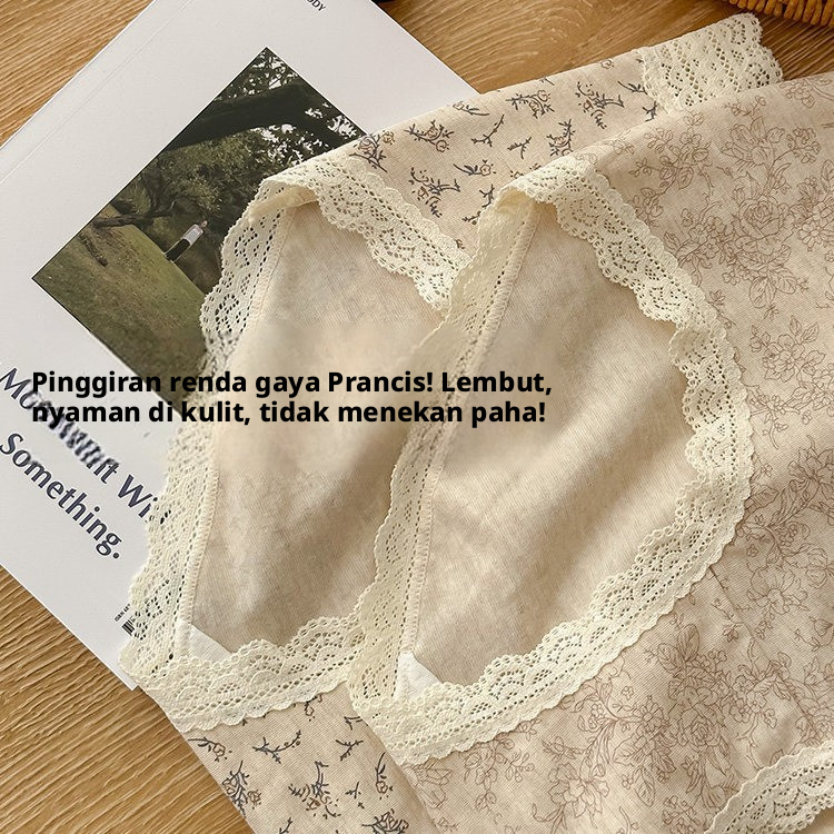 Celana dalam wanita berbahan katun berbentuk segitiga dengan pola bunga, pakaian dalam anti-bakteri yang nyaman dipakai dan berpotongan sedang.