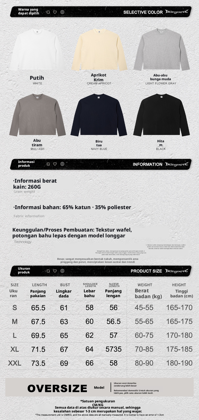 Kaos lengan panjang rajutan waffle pria, desain longgar berkerah bulat dari kain katun murni untuk olahraga di musim gugur
