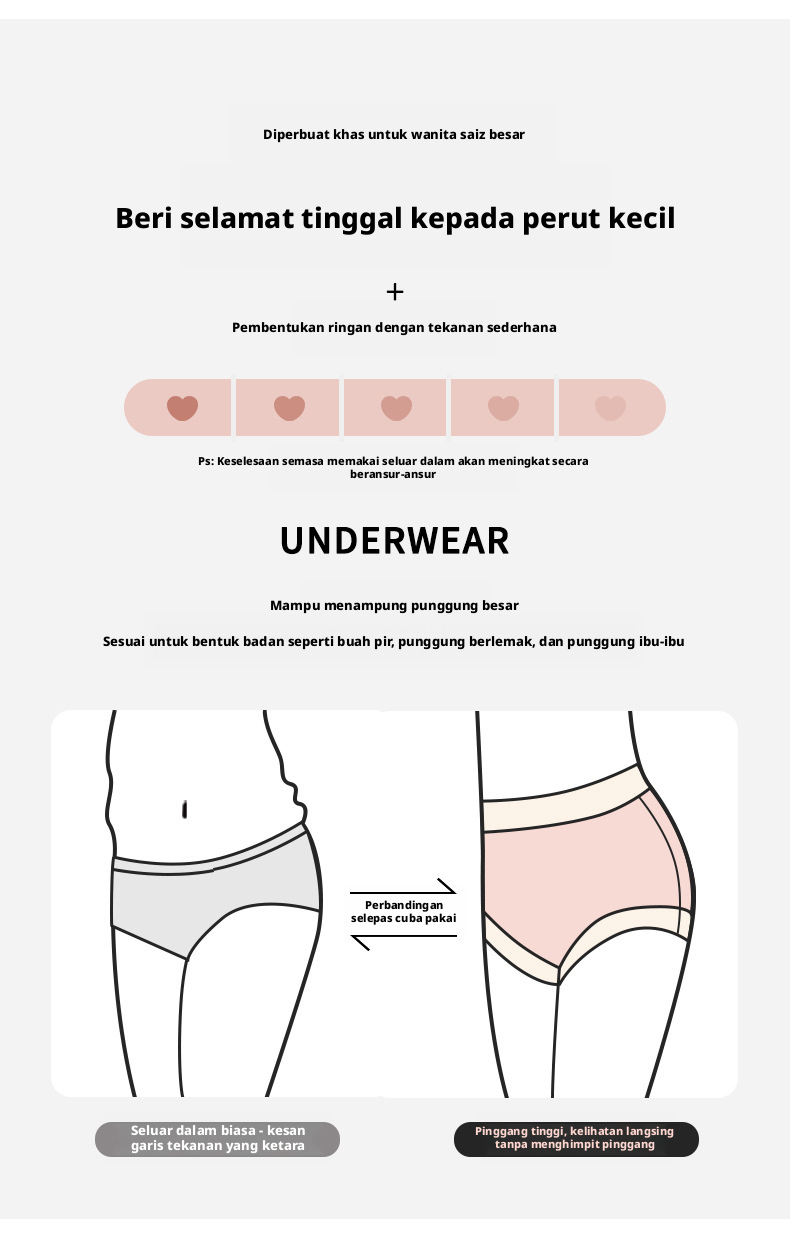 Seluar dalam wanita pinggang tinggi kapas saiz besar, anti-bakteria, tanpa jahitan, untuk kawalan perut