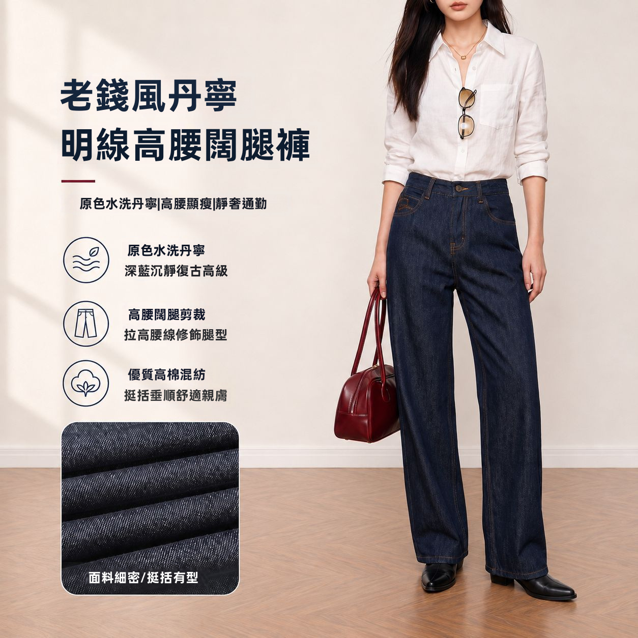 Yuxene 女款高腰寬腿牛仔褲，原色牛仔通勤長褲 KN006