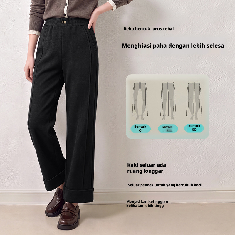 Seluar Panjang Lurus Campuran Bulu Wanita dengan Pinggang Elastik, Seluar Kasual untuk Musim Gugur dan Musim Sejuk