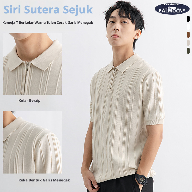 Baju Polo Lelaki Lengan Pendek Berjalur, Baju Musim Panas Kasual Perniagaan Dibuat daripada Sutera Sejuk