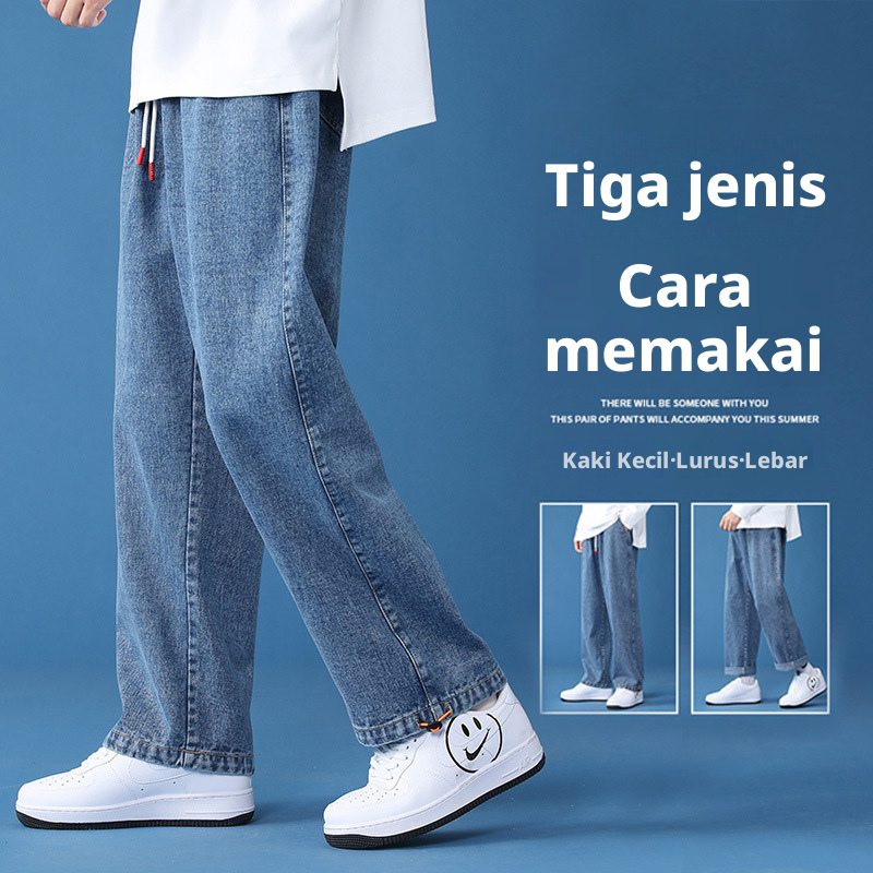Seluar Jeans Kaki Lurus Kapas Lelaki, Seluar Panjang Kasual Longgar untuk Musim Gugur