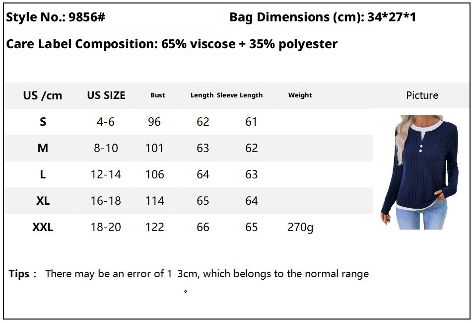 Women's Fake Two-Piece Crew Neck Button-Down Long-Sleeve T-Shirt