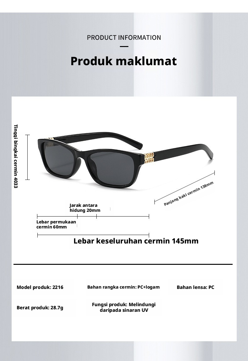 Kaca mata hitam bingkai segi empat untuk lelaki dan wanita, kanta PC UV400 bingkai penuh untuk memandu di luar dan melancong