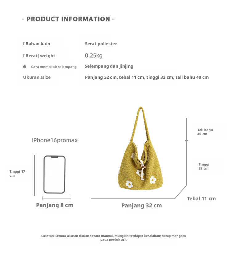 Tas Tote Berbahan Plush dengan Sulaman Bunga, Tas Bahu Medium yang Lembut untuk Wanita, Cocok untuk Penggunaan Sehari-hari