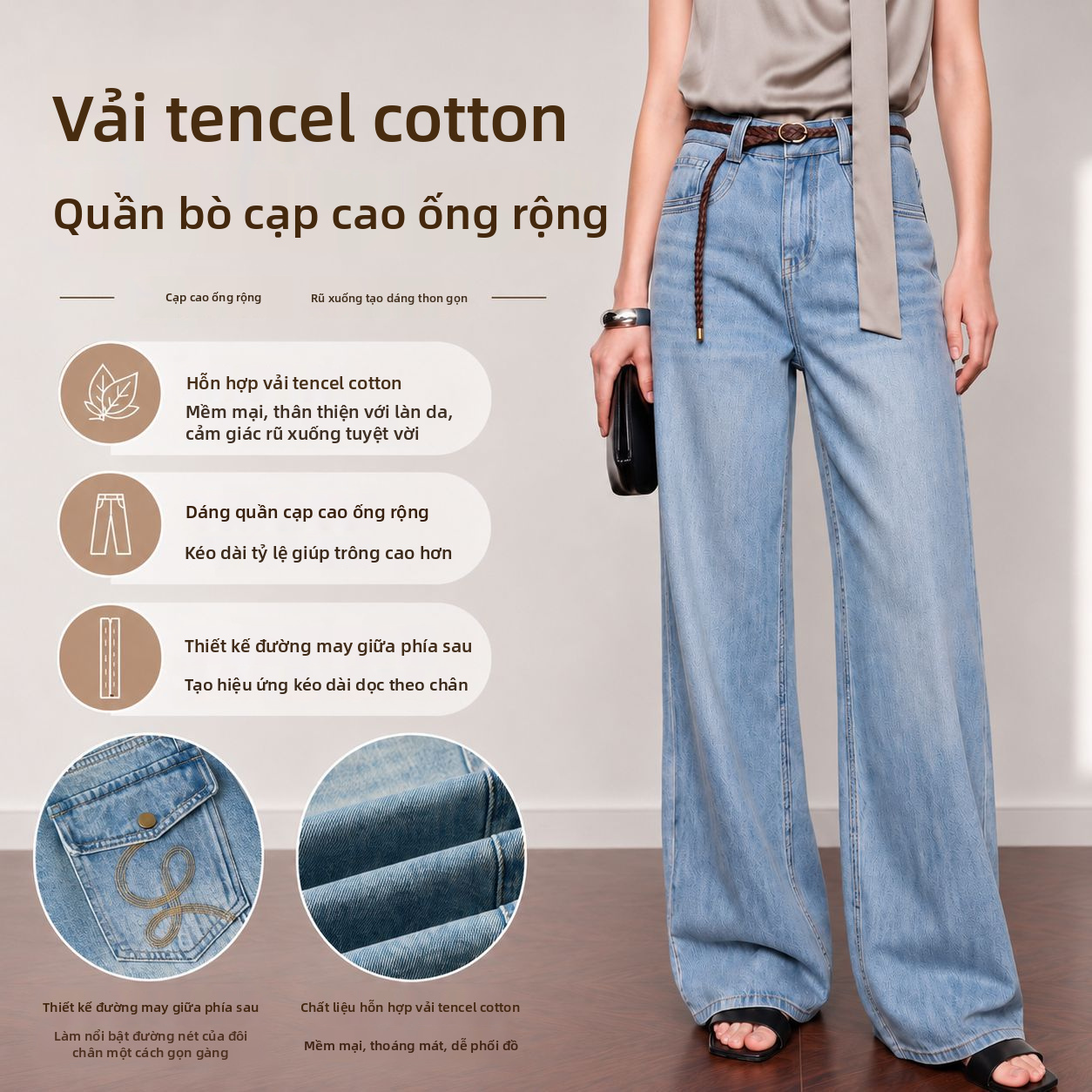 Quần jean dáng cao ống rộng cho phụ nữ YUNCHANG với họa tiết thêu cổ điển, chất liệu denim bằng cotton Tencel Lyocell màu xanh
