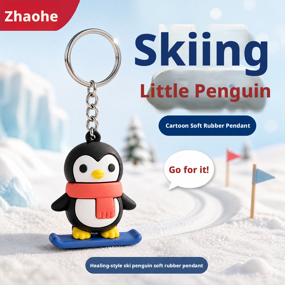 Cute Cartoon Skateboarding Penguin Keychain, PVC Soft Rubber Bag Charm Pendant for Backpacks