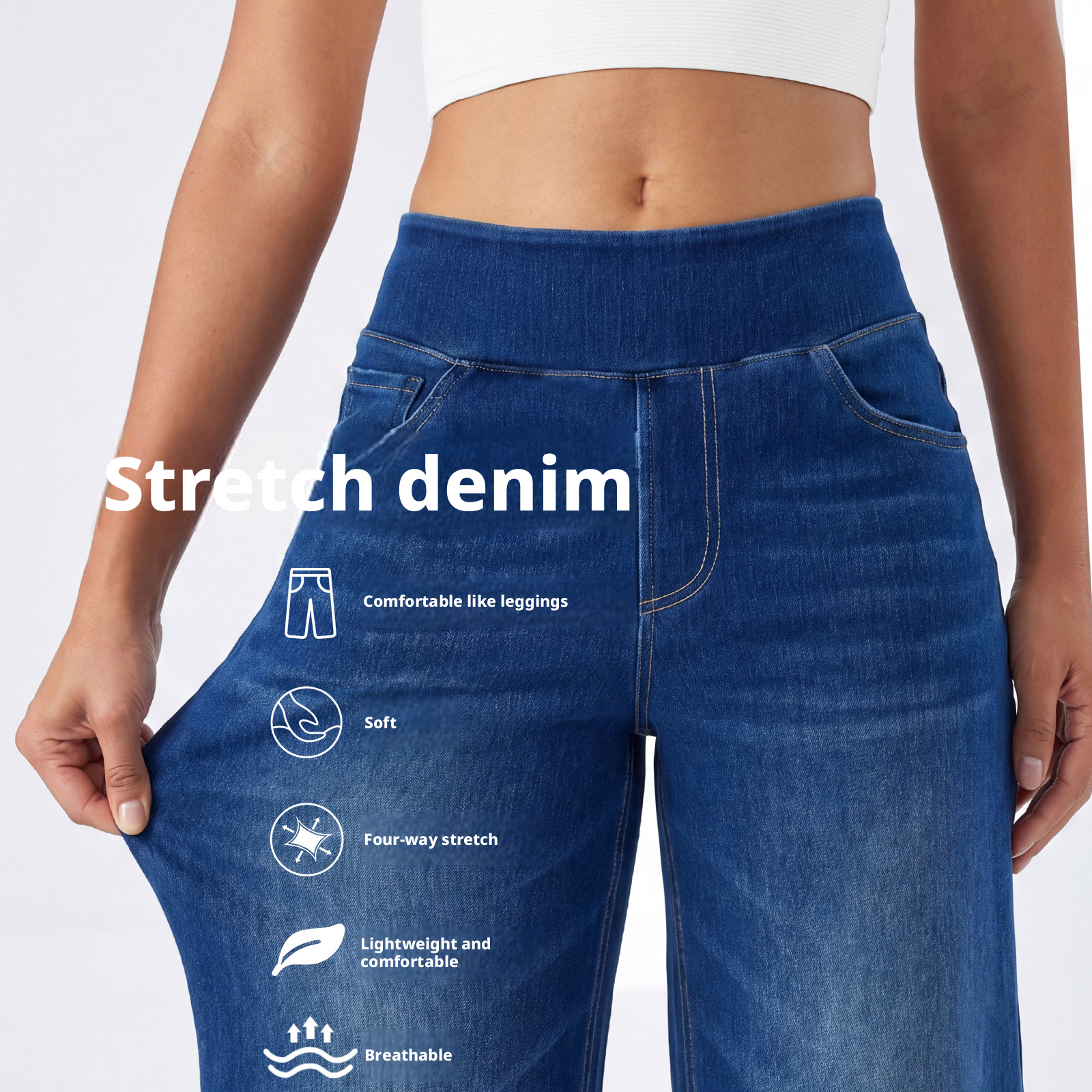 Women's High Waist Wide Leg Jeans, Washed Stretch Straight Denim Pants, Loose Fit