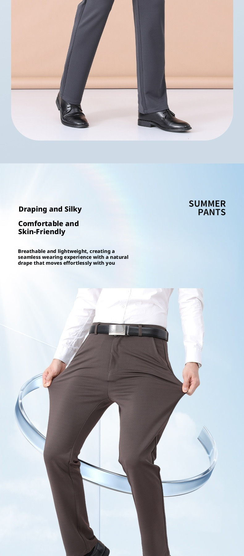 Men's Thin Casual Pants Straight Leg High Waist Polyester Trousers for Spring and Autumn