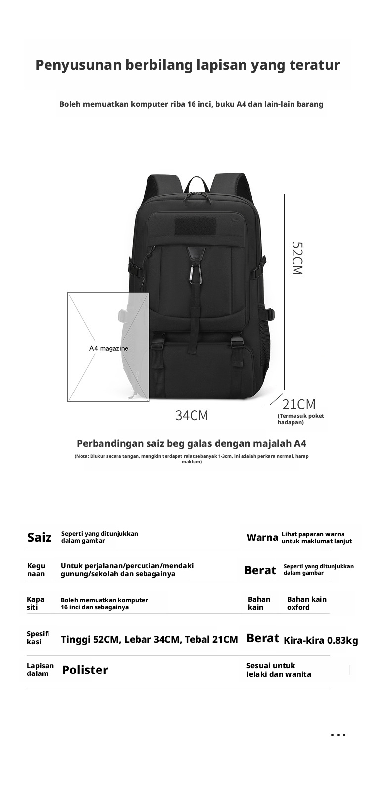 Beg galas mendaki kain Oxford 20-35L, beg harian taktikal yang bernafas untuk aktiviti trekking luar dan perjalanan.