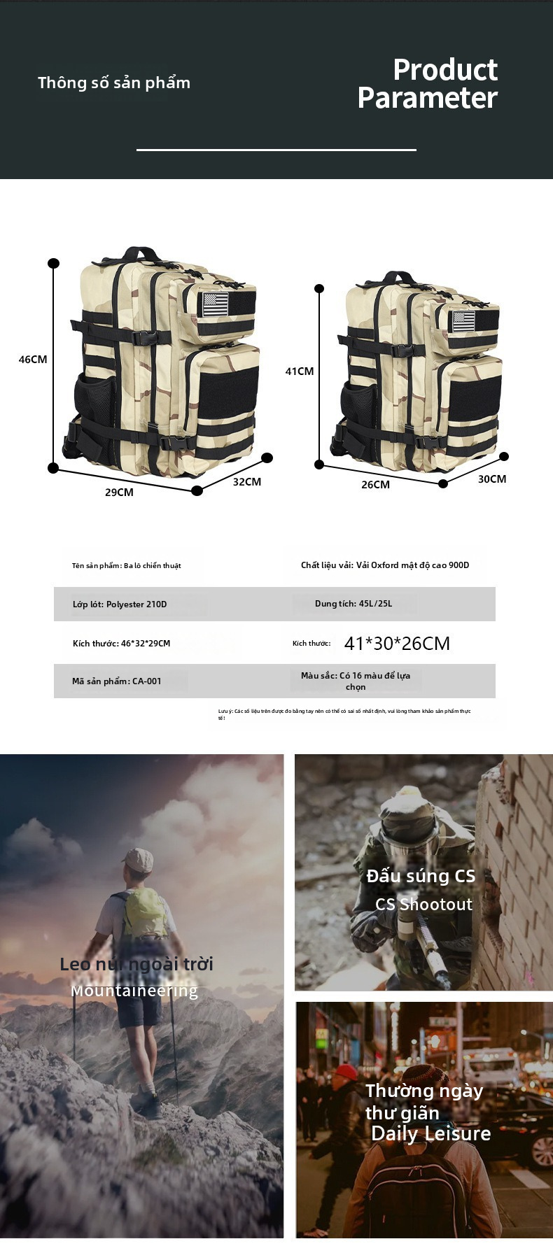 Ba lô ngoài trời vải Oxford 45L chống thấm, nhẹ, kiểu dáng chiến thuật – phù hợp cho nam và nữ.