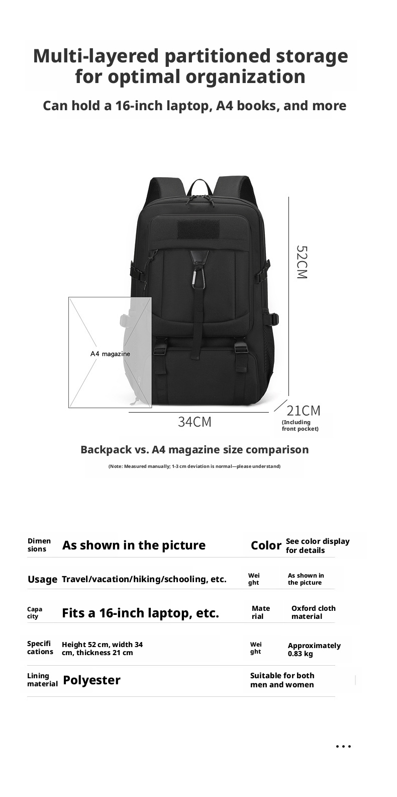 Oxford Cloth Hiking Backpack 20-35L Breathable Tactical Daypack for Outdoor Trekking and Travel