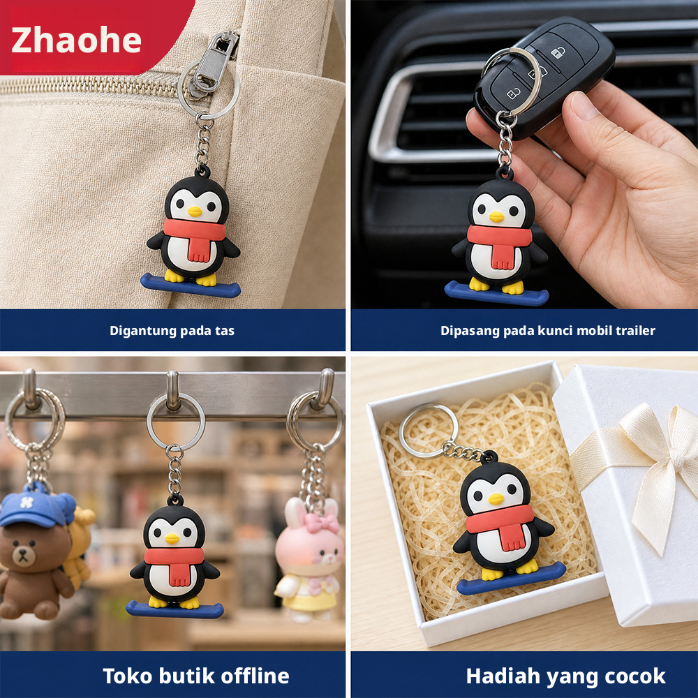 Gantungan kunci penguin seluncur papan kartun lucu, hiasan tas dari karet PVC lembut untuk ransel.