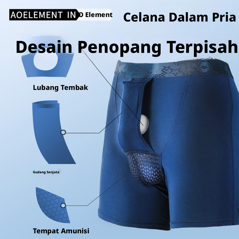 Celana Boxer Anti-Chafing Pemisahan Peluru Pria, Pakaian Dalam Olahraga Bernapas dengan Dukungan Kantong, Mid-Rise
