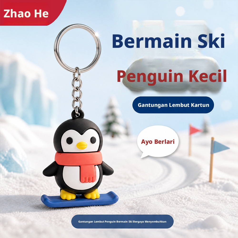 Gantungan kunci penguin seluncur papan kartun lucu, hiasan tas dari karet PVC lembut untuk ransel.