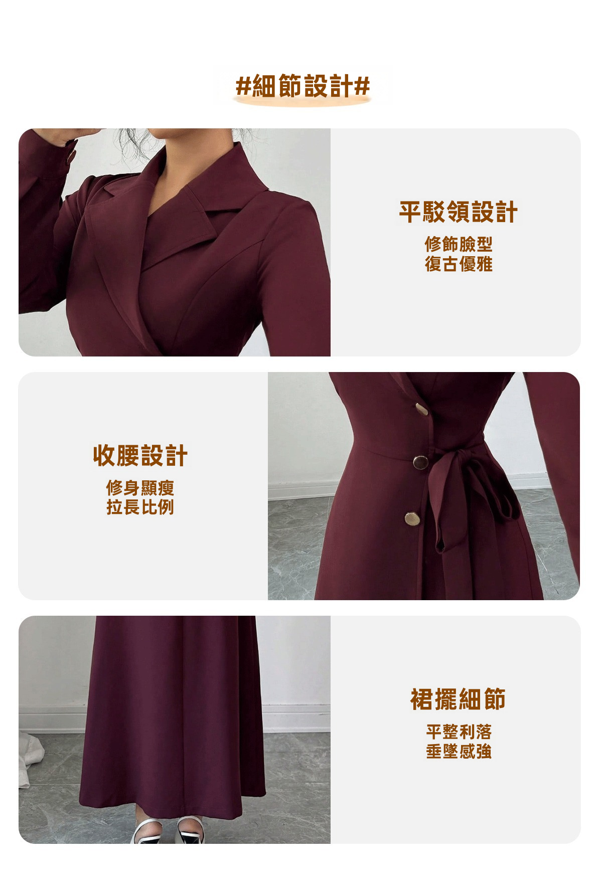 Womens Long Sleeve Blazer Collar Belted Midi Dress Solid Polyester Commuter Dress