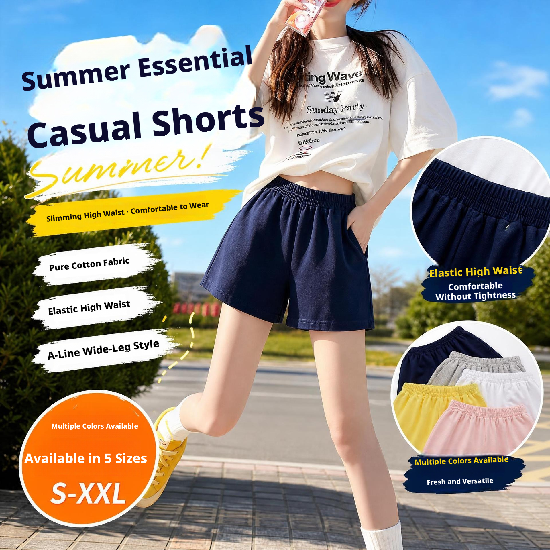 Women's High Waist Cotton Blend Shorts, A-Line Loose Summer Casual Shorts