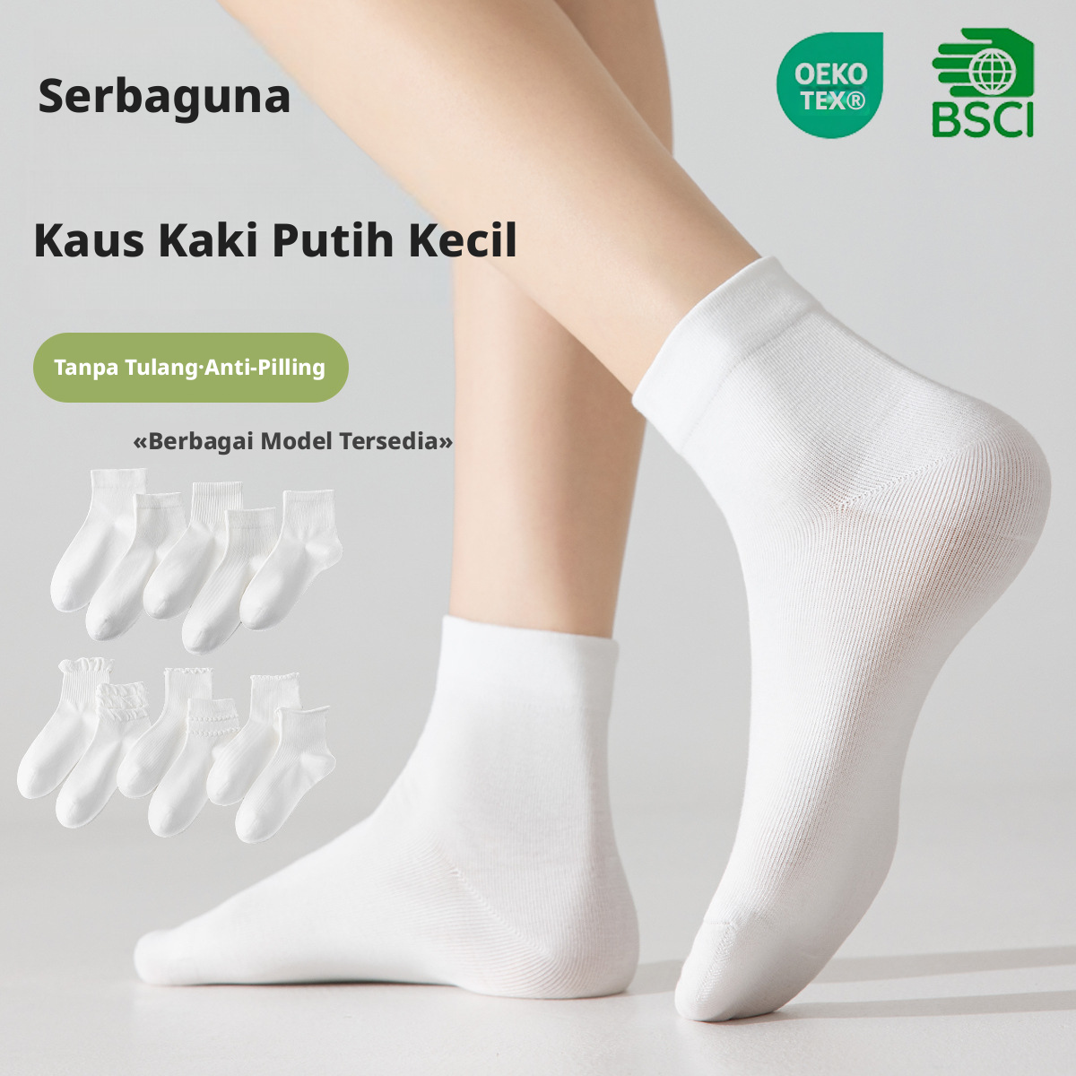 Kaus kaki wanita katun Xinjiang setinggi mata kaki, anti-bakteri tanpa jahitan, bernapas, anti-bau, warna putih.
