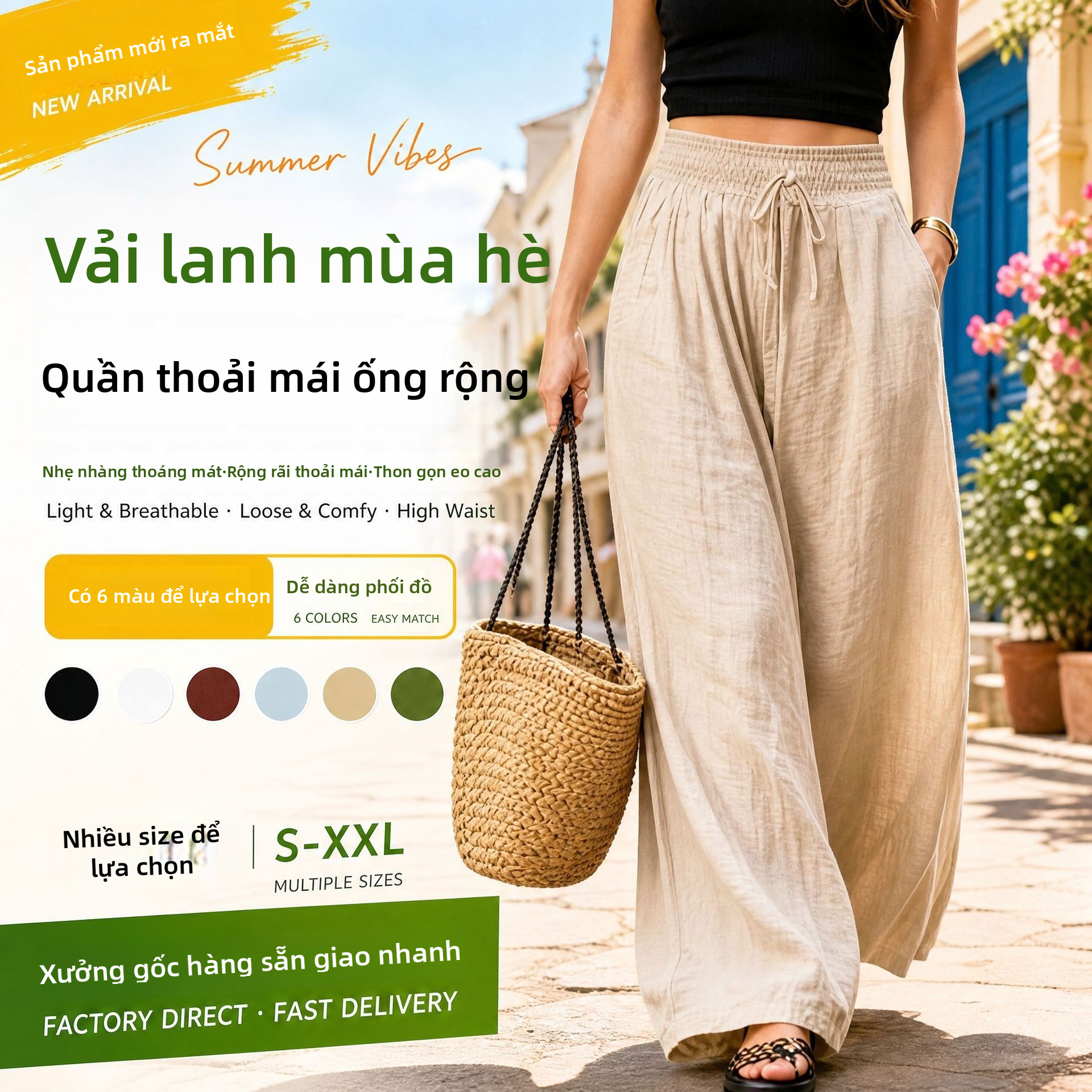 Quần dài mùa hè cho phụ nữ, eo cao, ống quần rộng, kiểu thời trang thoải mái, làm từ vải polyester thẳng và rộng.