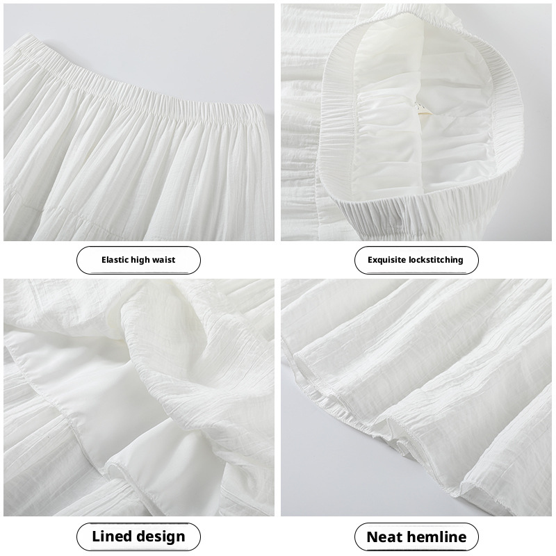 White Tiered Cake Skirt for Women, High Waist A-Line Long Skirt with Elastic Waist, Fresh Sweet Style for Casual and