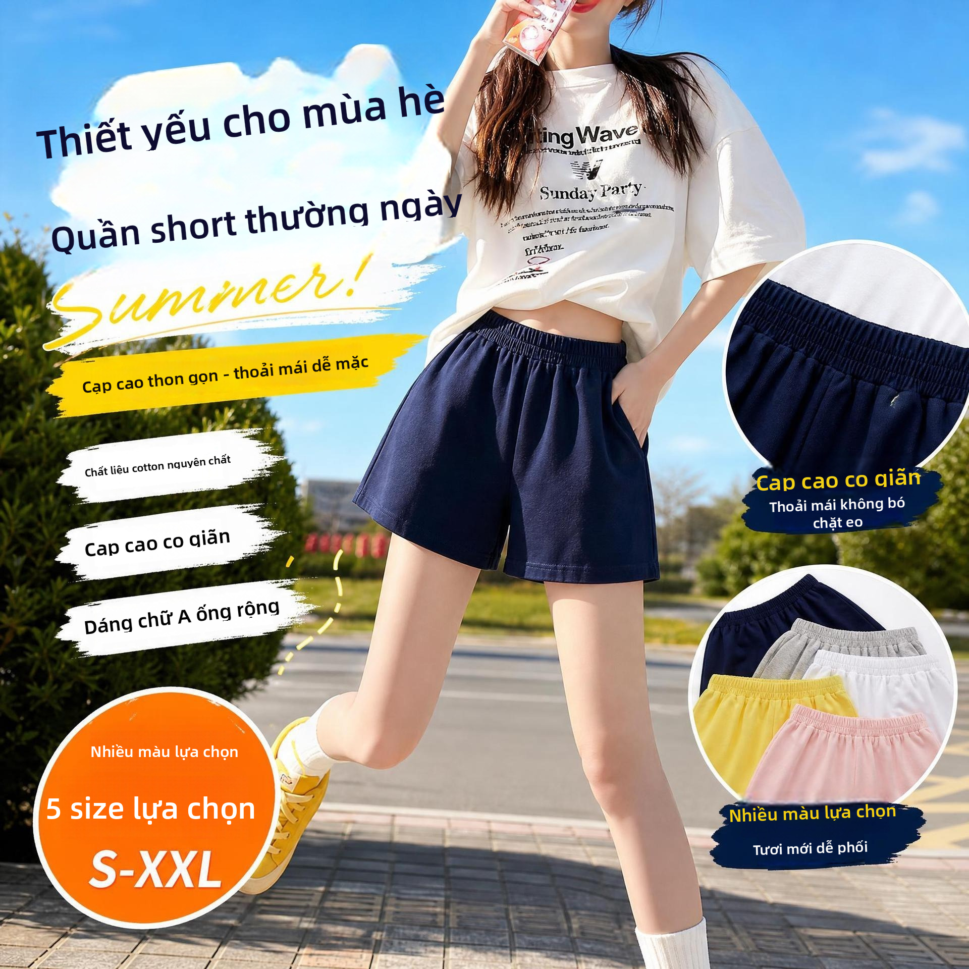 Quần short nữ chất vải cotton cạp cao, kiểu dáng A-line thoải mái cho mùa hè