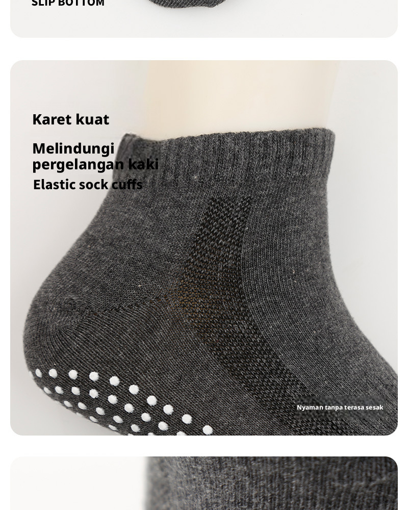 Kaus kaki anti-selip pria dari katun untuk yoga, trampolin, dan olahraga; kaus kaki tipis yang menyerap keringat.