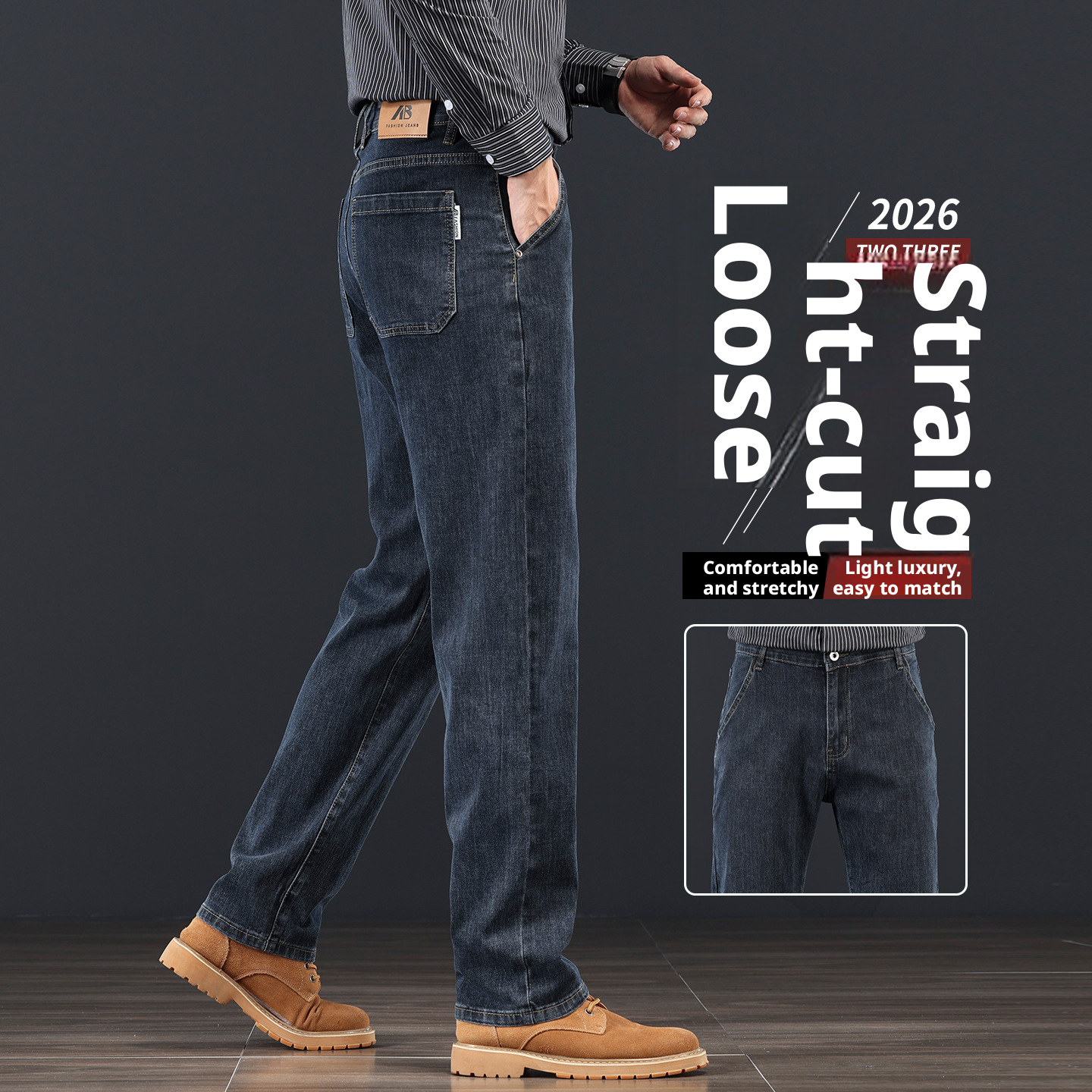 Men's Loose Straight-Leg Blue-Grey Jeans, High Waist Cotton Denim Trousers for Business Casual Winter